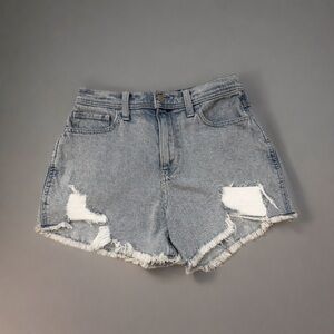 Hollister High Rise Distressed Denim Shorts Size 3 W26 Light Wash Raw Hem New